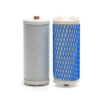 An Aquasana AQ-4035 dual cartridge set on display, featuring one water filter cartridge with a gray mesh and another with a blue mesh pattern.