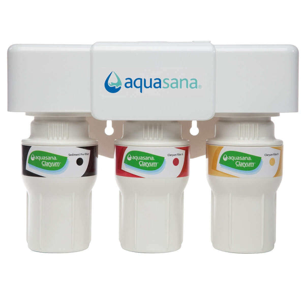 The Aquasana 3 Stage Under Counter Drinking Water Filter (AQ-5300), complete with Australian fittings, utilizes Claryum Filtration Technology and is designed with labeled sediment, carbon, and micron filters to deliver pure, refreshing drinking water. It is NSF Certified for reliability and performance.