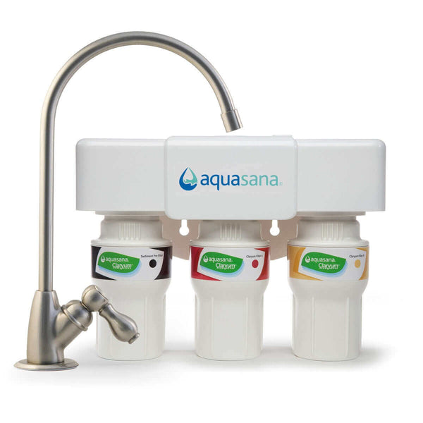 The Aquasana 3 Stage Under Counter Drinking Water Filter (AQ-5300), complete with Australian fittings, incorporates Claryum Filtration Technology and includes three cartridges along with a sleek stainless steel faucet, ensuring clean and pure water for your home. It is NSF Certified for quality and safety.