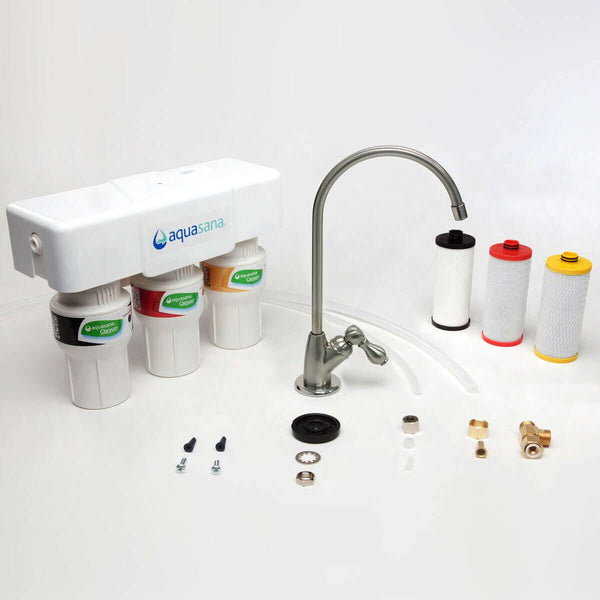 The Aquasana 3 Stage Under Counter Drinking Water Filter (AQ-5300), complete with Australian fittings, includes a faucet, replacement filters, and installation components on a white background. Utilizing NSF Certified Claryum Filtration Technology, this system from Aquasana ensures clean and safe drinking water for your home.