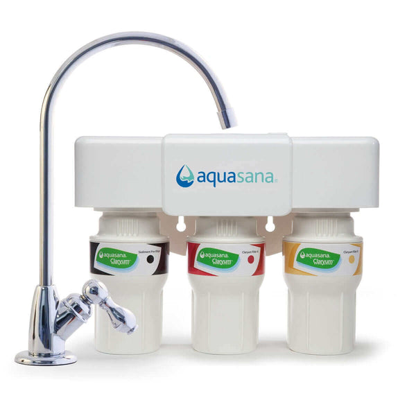 The Aquasana 3 Stage Under Counter Drinking Water Filter (AQ-5300), featuring NSF Certified Claryum Filtration Technology, comes with three filter cartridges and a stylish chrome faucet to ensure pure drinking water.