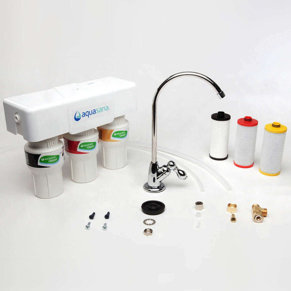 The Aquasana 3 Stage Under Counter Drinking Water Filter (AQ-5300) Complete with Australian Fittings, certified by NSF and featuring Claryum Filtration Technology, includes three canisters, a faucet, and all essential installation components against a white background. It provides a dependable water filtration solution for your home.