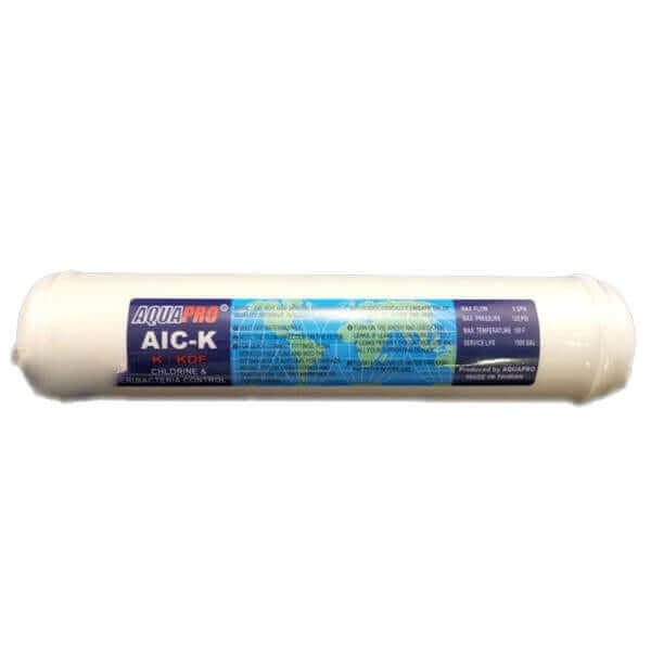 An AquaPro inline water filter replacement cartridge from Aqua Pro, featuring a white cylindrical covered with a blue label and world map motif, measuring 11
