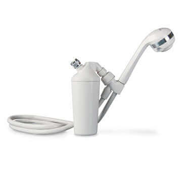 Aquasana Premium Shower Filter with White Wand includes a handheld showerhead, filter, and coiled hose.
