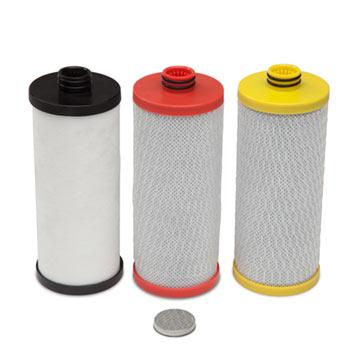 An Aquasana AQ-5300R Replacement Cartridge Pack, featuring three cylindrical filters with black as the activated carbon, red for catalytic carbon, and yellow for ion exchange.