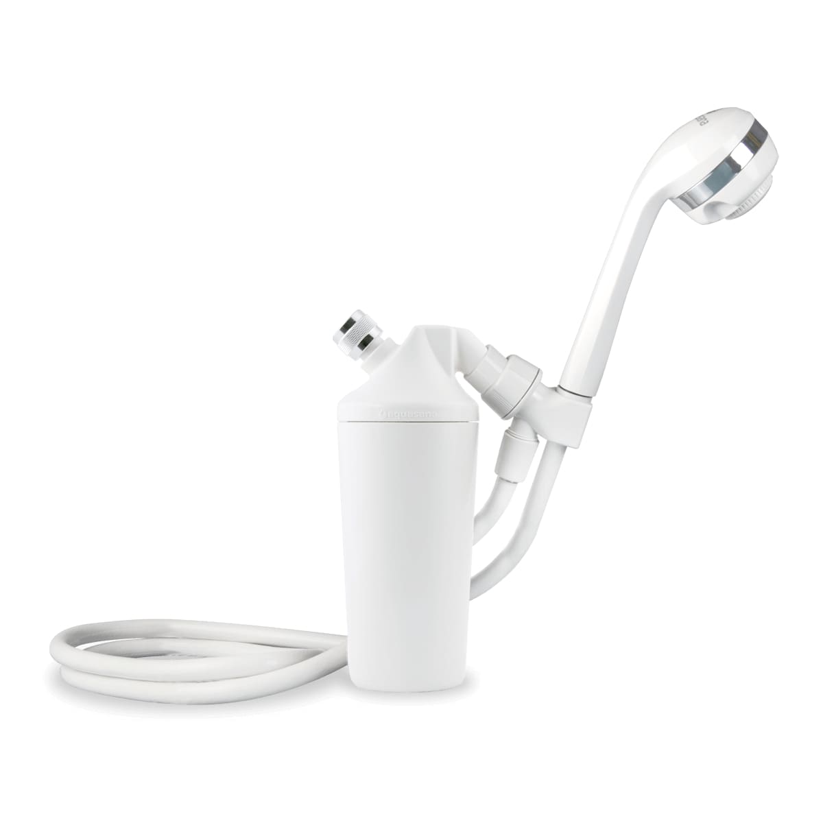 Experience chlorine-free water with the Aquasana Premium Shower Filter with Shower Wand. This white handheld showerhead, featuring an attached filter and flexible hose, provides a refreshing showering experience. Enjoy healthier hair as impurities are filtered away, enhancing your daily routine.