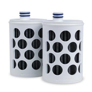 Two Aquasana cylindrical water filter replacement cartridges with circular holes, white bodies, and blue caps.