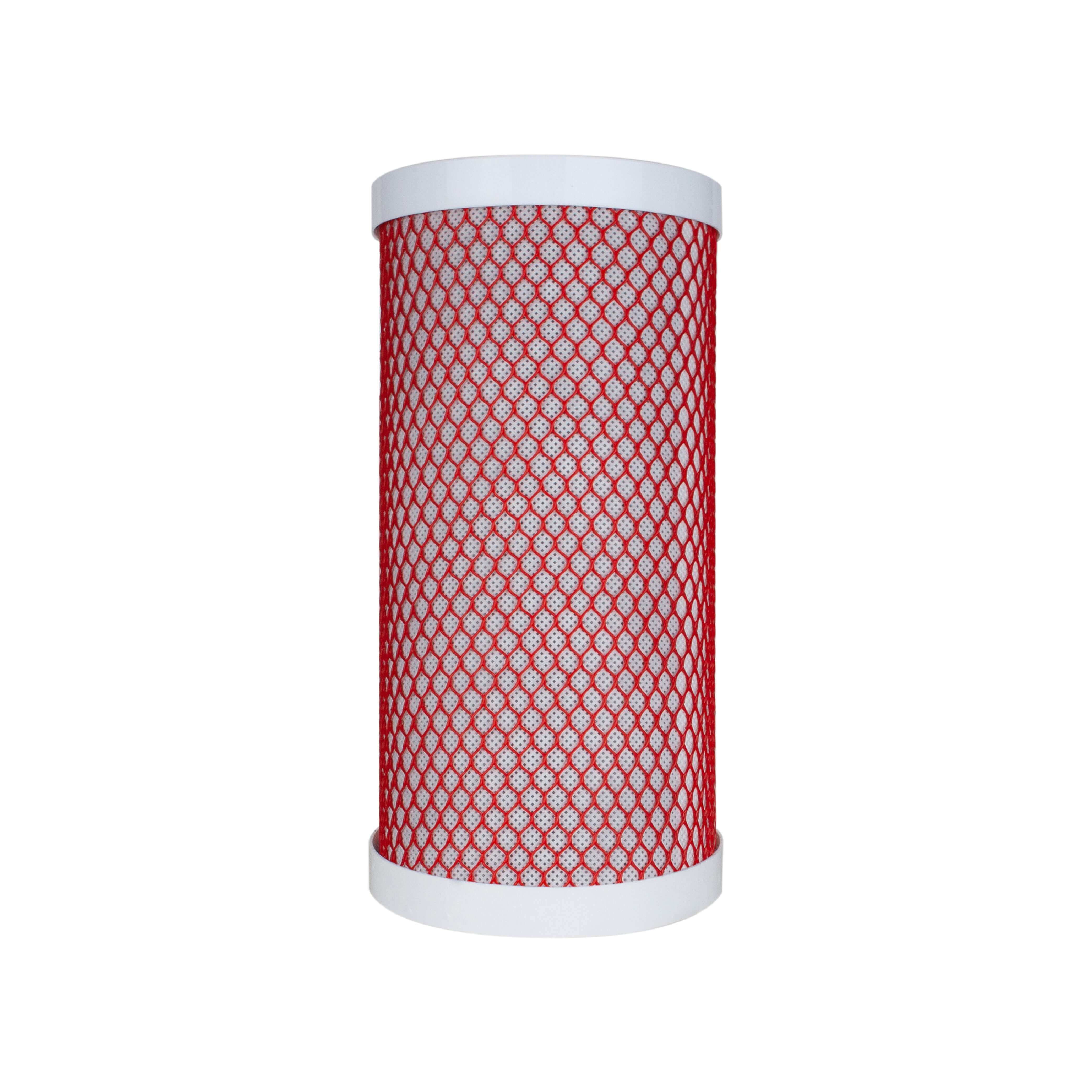 A red air filter with white mesh and end caps, complemented by a My Water Filter stainless steel bracket for enhanced durability and versatility.