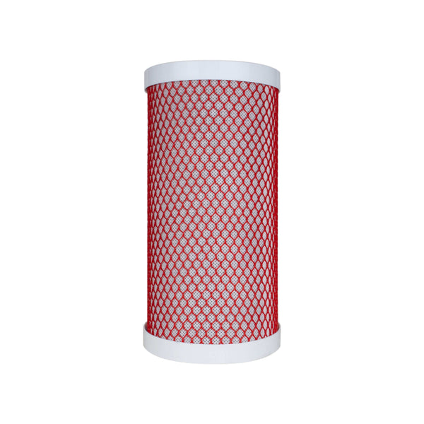 A red cylindrical water filter cartridge.