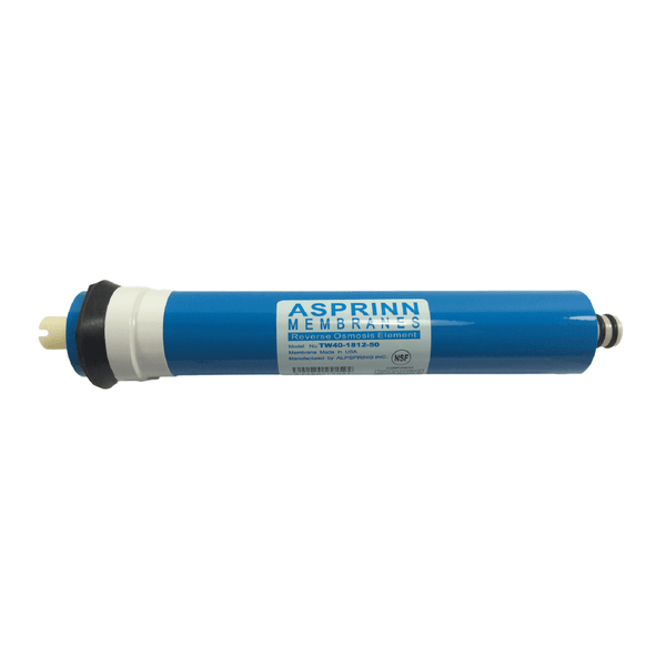 A Reverse Osmosis Membrane, featuring a blue cylindrical water filter design with a white end cap, is labeled as Asprinn
