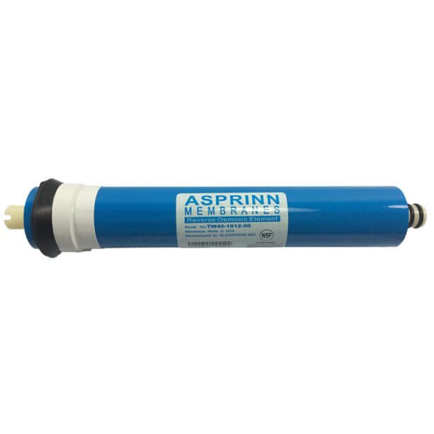 Asprinn 50 GPD Reverse Osmosis Membrane filter covered in blue colour with fittings at both ends 