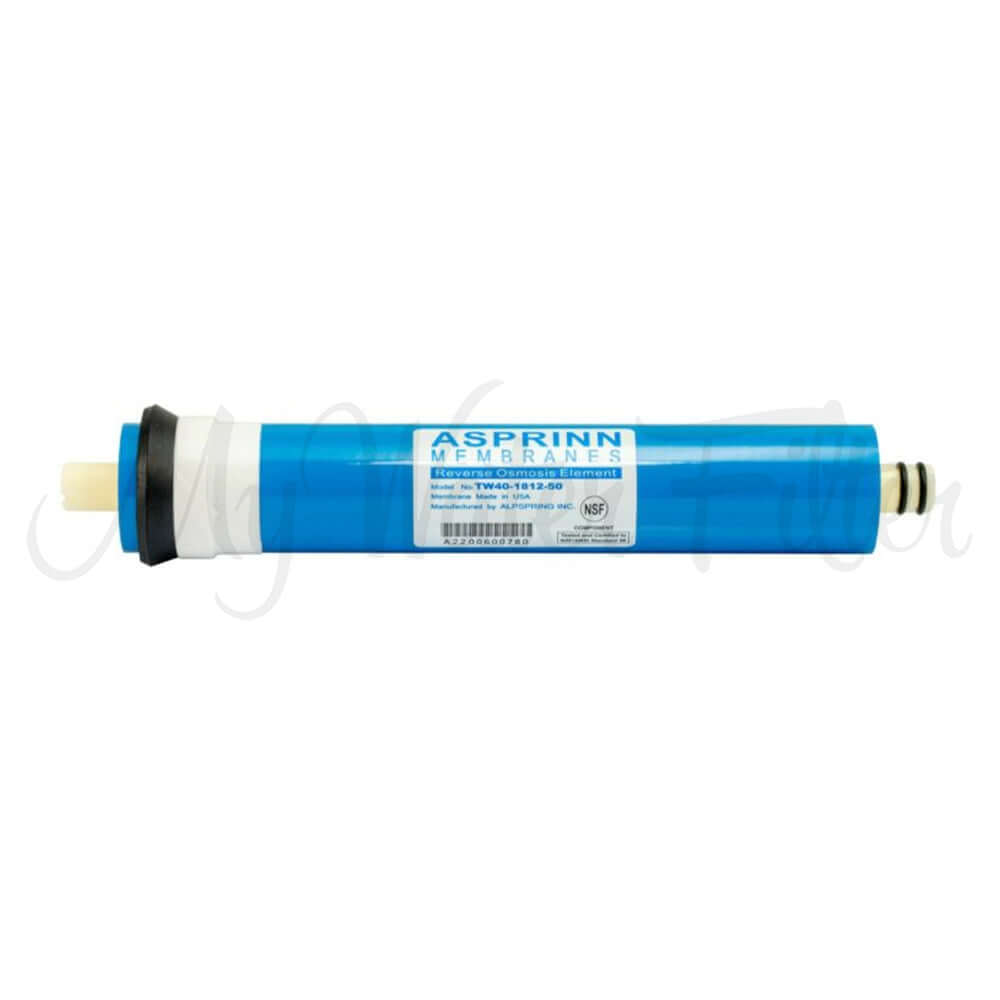 Asprinn's cylindrical water filter membrane features a blue body, a white end cap, and black fittings.