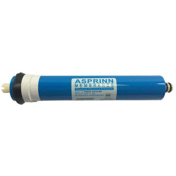 A blue cylindrical Asprinn RO Membrane cartridge with threaded connectors on both ends
