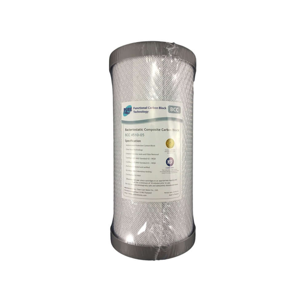 High Performance Filtration carbon block cartridge, enclosed in clear plastic, featuring the Replacement Cartridge Pack for HPF 10" x 4.5" Single Stage Big Blue Whole House Water Filter System