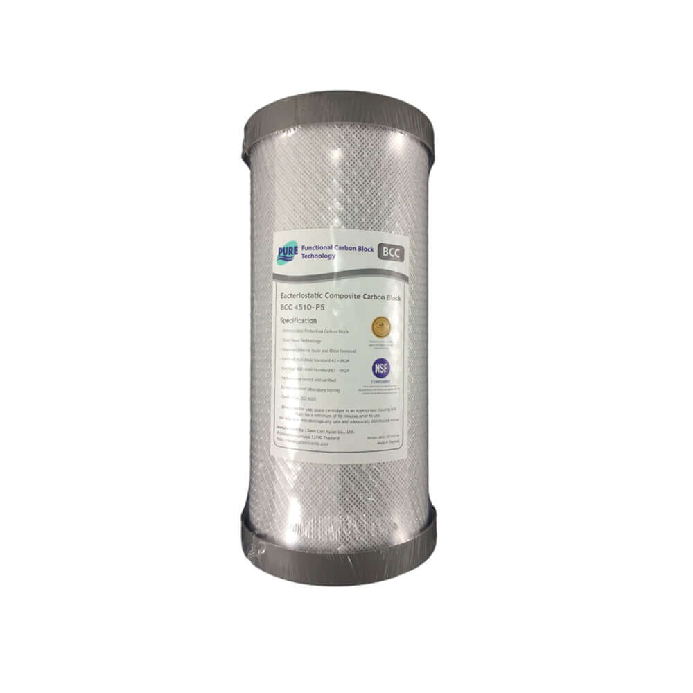 The High Performance Filtration carbon block cartridge from the Replacement Cartridge Pack for HPF 10" x 4.5" Single Stage Big Blue Whole House Water Filter System features a cylindrical design with a silver mesh exterior and a label showing its specifications.