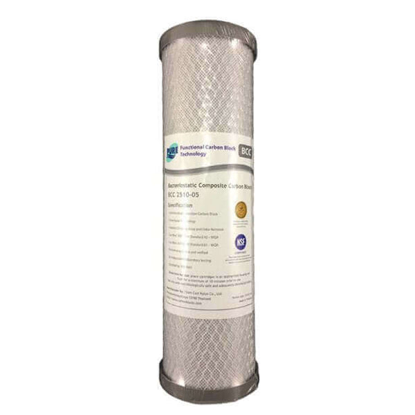 Pure water filter replacement cartridge with a front label showcasing product specifications and Pure BCC logos.