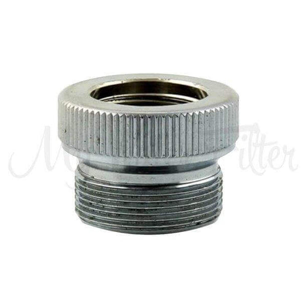 The Benchtop Water Filter Diverter Adaptor features a threaded design and a ridged top surface, with dimensions of 16mm female to 21mm male.