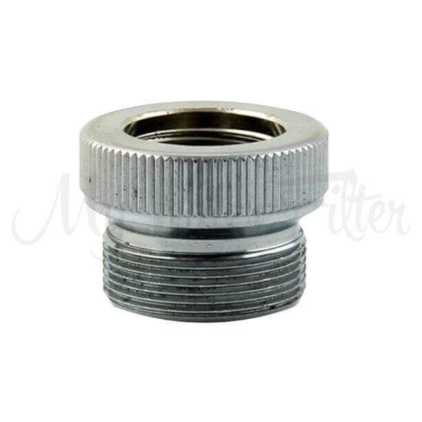 The Benchtop Water Filter Diverter Adaptor features a threaded design and a ridged top surface, with dimensions of 16mm female to 21mm male.