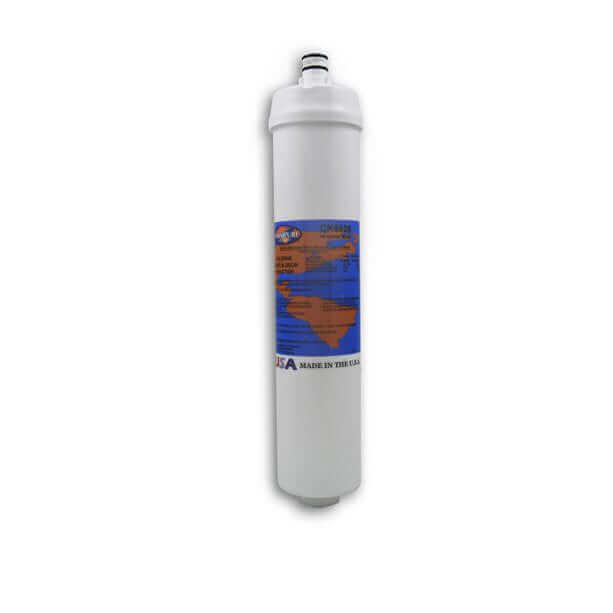 A white cylindrical water filter featuring a blue and orange label, is the Omnipure CK5620 1 Micron Carbon Block Water Filter Replacement Cartridge, measuring 12