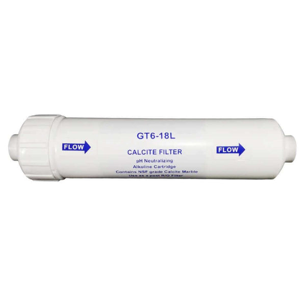Replacement Cartridge Pack for the 4 Stage Reverse Osmosis Water Filter System with pH Neutralisation includes a white calcite filter cartridge featuring blue text and arrows to show flow direction.