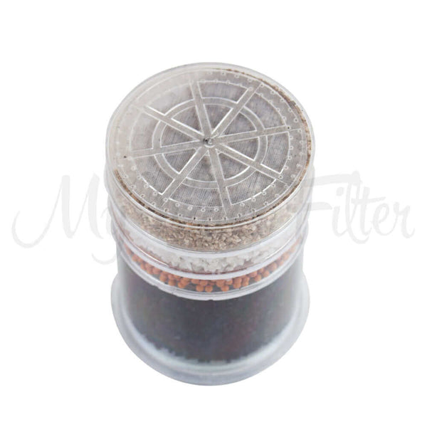 Transparent Carbon Multi Media Water Filter Replacement Cartridge, designed for the 6 Stage Multi Use pH Elevation Benchtop Gravity Water Filter, shows sediment, charcoal and filtration media layers.