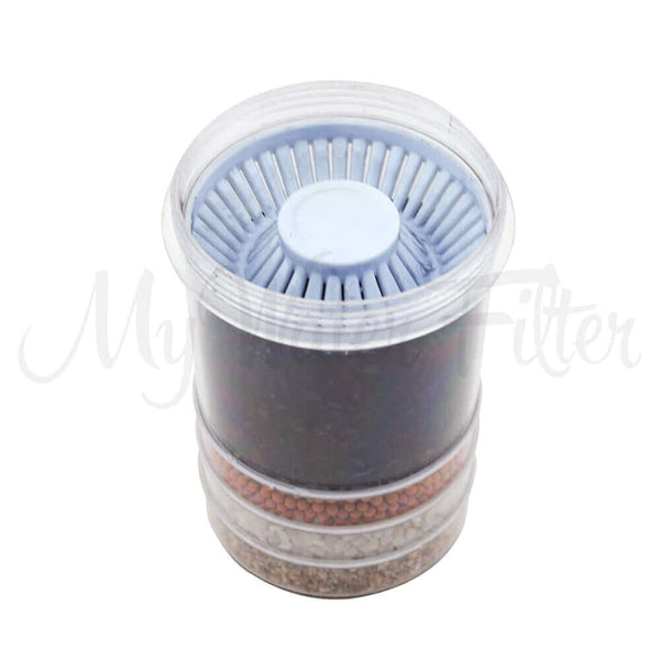 Compact Carbon Multi Media Water Filter Replacement Cartridge features a transparent casing, unveiling the layers of filter media inside for the 6 Stage Multi Use pH Elevation Benchtop Gravity Water Filter.