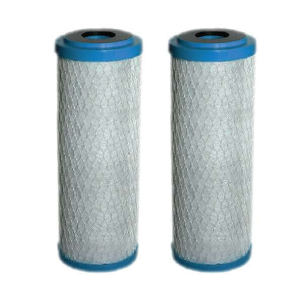 Two Replacement Carbon Block Cartridges with blue caps and a mesh-like outer surface for Laundry Style 3 Stage Reverse Osmosis Water Filter Systems
