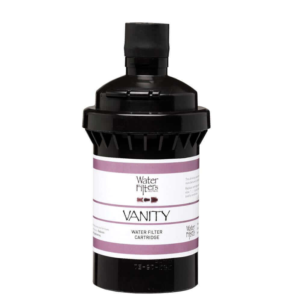 Black water filter cartridge branded as 