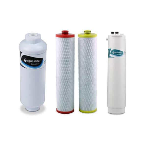 The Aquasana AQ-RO3-R OptimH2O water filter cartridges, featuring the remineraliser, carbon filter, claryum filter and the RO membrane (from left to right).