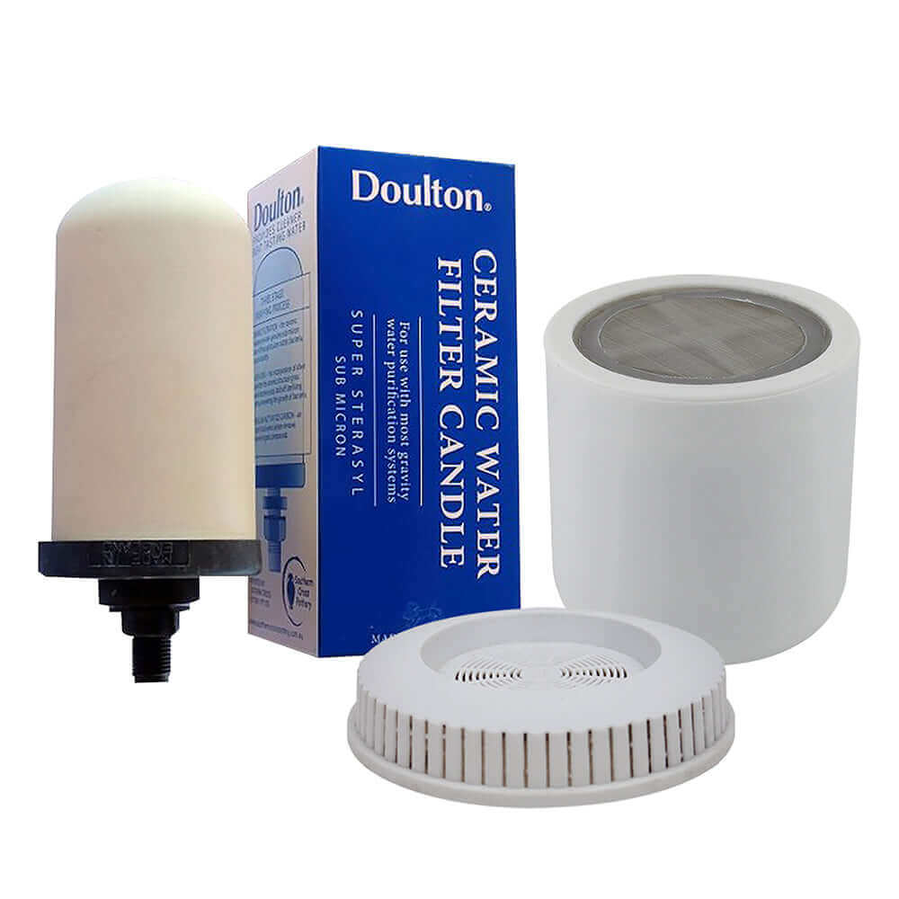 Replacement cartridge pack featuring the Doulton candle for the Filteroo® Ceramic Stoneware Gravity Water Purifier, alongside packaging and a round white mineral pad and Deluxe Chrome Shower Filter replacement cartridge