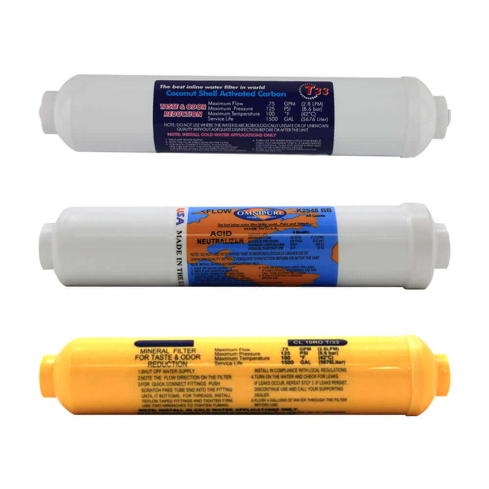 Three vertically arranged inline carbon water filters featuring unique colored labels—white, blue/orange, and yellow. They are perfect cartridges for the  Replacement Cartridge Pack for the RO 5000 Bench Top Reverse Osmosis Pure Water System with Added Minerals & Low Alkaline, ensuring clean and pure water for your needs.