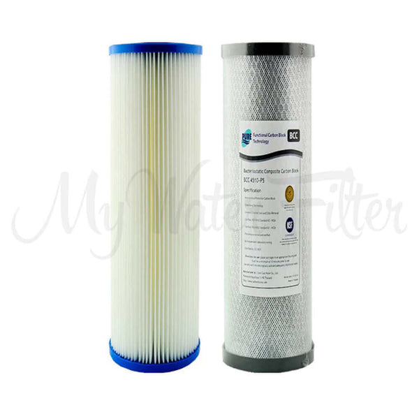 Two water filter cartridges: a pleated design sediment with blue end cap and one with a mesh-like surface carbon block and label from the Replacement Cartridge Pack for MWF 20" x 4.5" Twin Big Blue Whole House Rain Water Tank Water Filter System.
