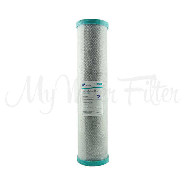 A carbon block cartridge with green end caps as part of the MWF 20