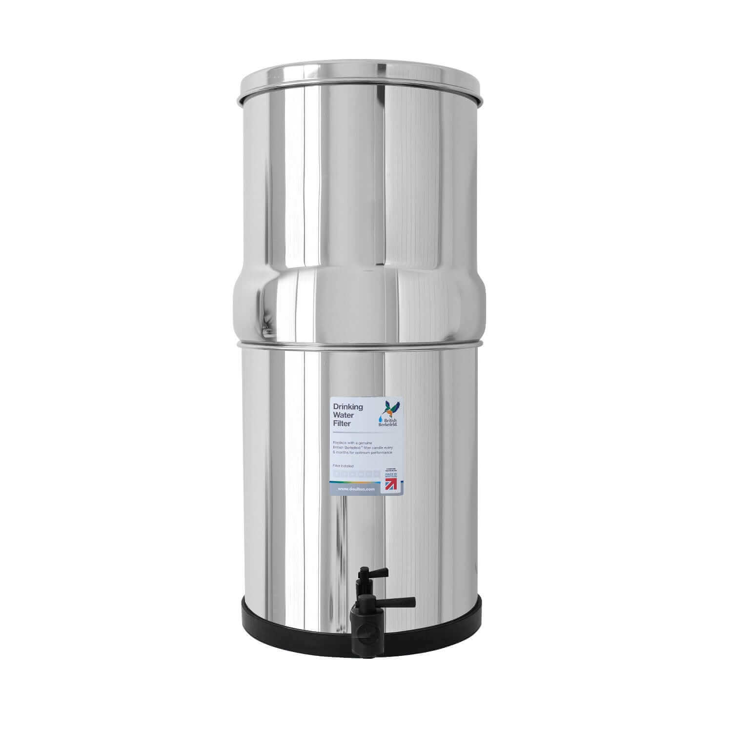 Doulton's British Berkefeld® Stainless Steel Gravity System features a cylindrical design, spigot, and label on the front with Ultra Fluoride Ceramic Filters.