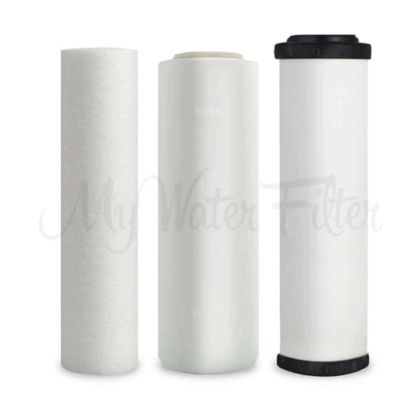 Doulton replacement cartridge pack for the Doulton Ultracarb 0.5 Micron 10" Triple Under Sink Water Filter, includes sediment, fluoride and Doulton Ultracarb filters are vertically lined up
