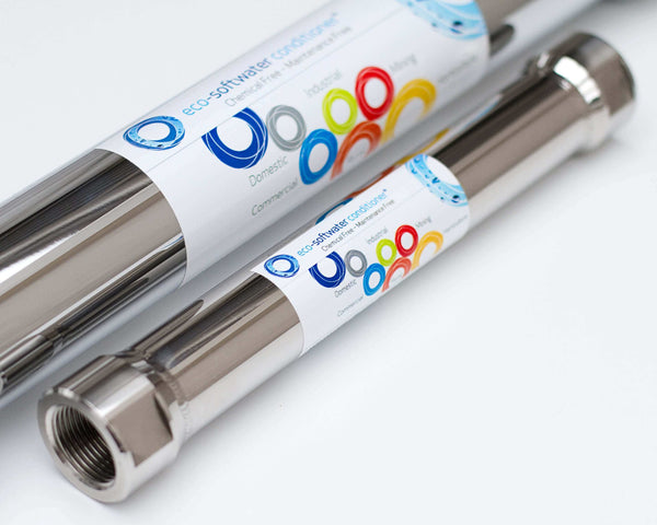 Two reflective Ecosoft Eco20 Whole House Hard Water Conditioners from Ecosoft, featuring colorful labels and a cylindrical stainless steel design.