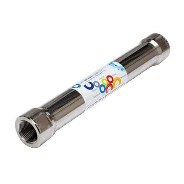 The Ecosoft Eco20 Whole House Hard Water Conditioner features a metallic, cylindrical with threaded ends..