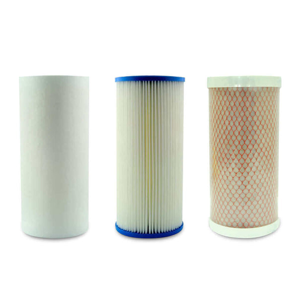 The Replacement Cartridge Pack for the MWF 0.5 Micron 10" x 4.5" Triple Big Blue Caravan Water Filter System includes three cartridges: polyspun sediment, pleated sediment and Aragon cartridges