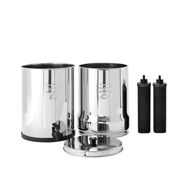 The Royal Berkey System (3.25 gal) by Berkey is a stainless steel water filtration unit featuring top and bottom tanks with two black filter cartridges and a detachable lid.