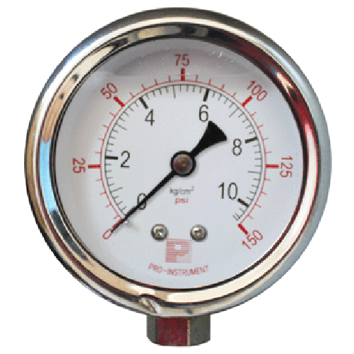 Close-up of a round Water Filter Pressure Gauge, featuring red and black markings, displaying readings in kg/cm² and psi.