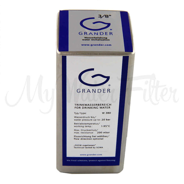 The Grander 10mm Unit Under Sink System features a rectangular design for water revitalization with a blue and white label, suitable for drinking water.