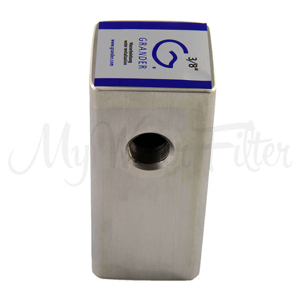 Rectangular metal water filter with a threaded opening featuring the blue 