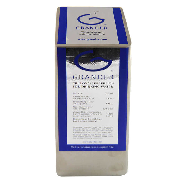 Silver Grander Whole House System box for drinking water revitalization, featuring blue text and branding.