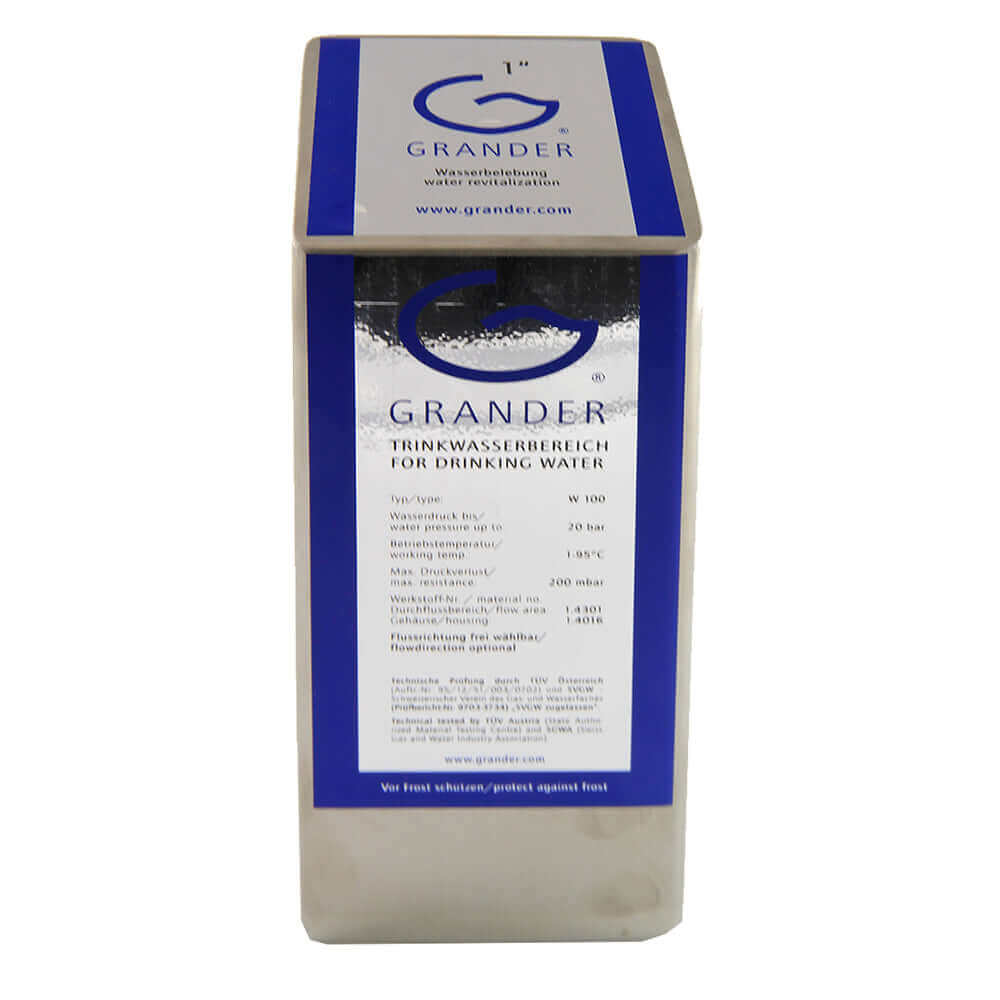 Silver Grander Whole House System box for drinking water revitalization, featuring blue text and branding.