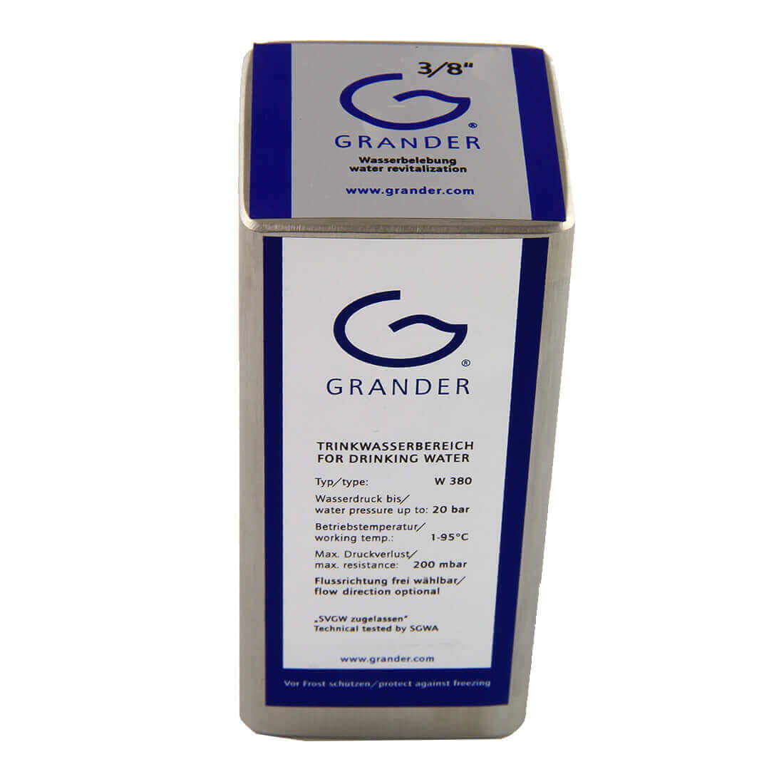 Rectangular metal water revatalization device with blue and white labeling, named 