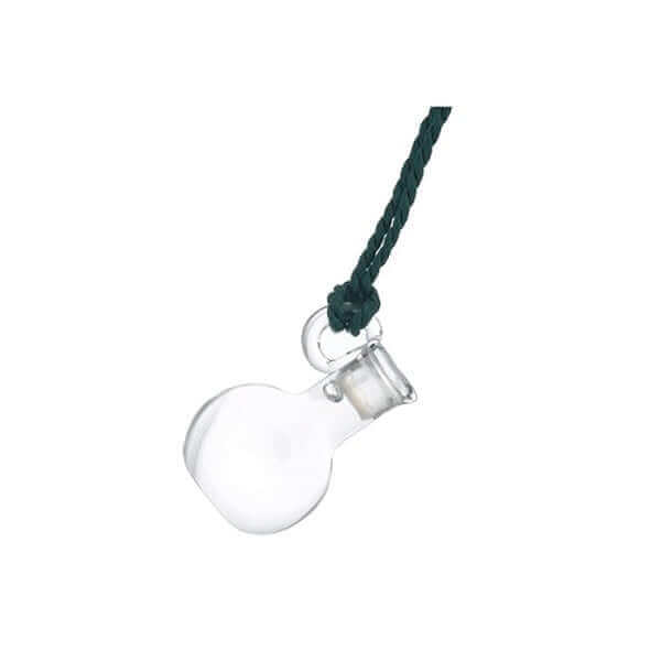 The Grander Pendant is a small glass bottle on a black braided cord necklace.