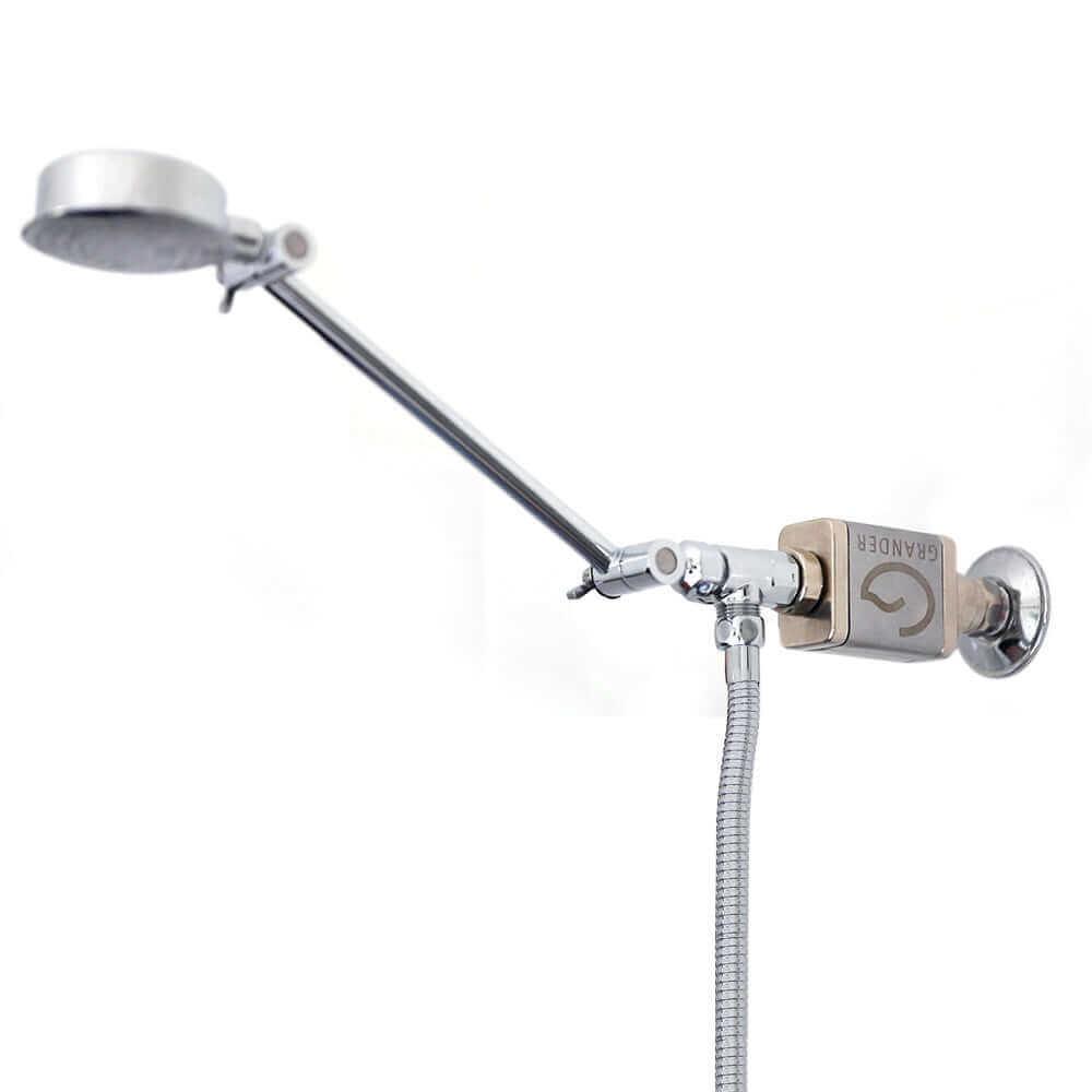 The Grander brand's Revitalised Shower includes a wall-mounted adjustable showerhead with a flexible hose and a sleek metal finish.