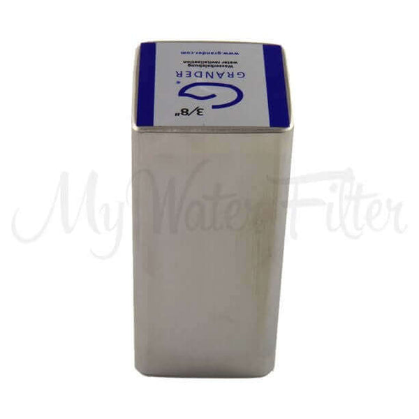 A Grander 10mm Unit Under Sink System, a rectangular silver metal water filter with a blue label on top.