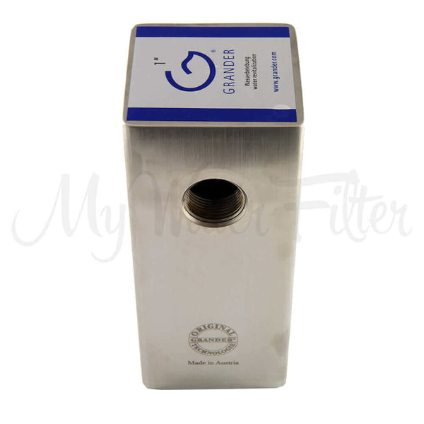 Grander Whole House System stainless steel water filter unit with a 1-inch opening.