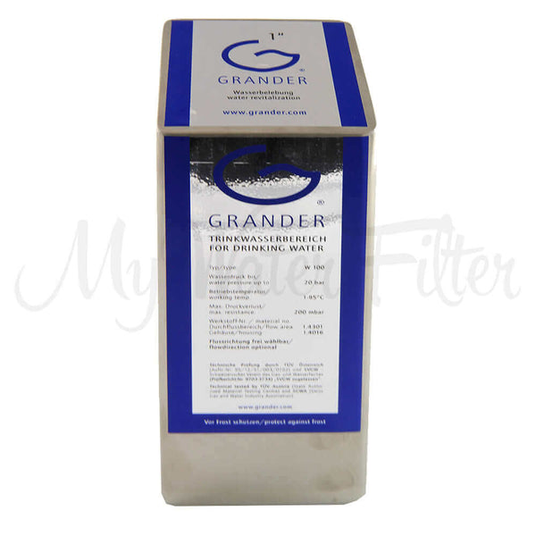 Metallic box of Grander Whole House System water revitalization unit with texts